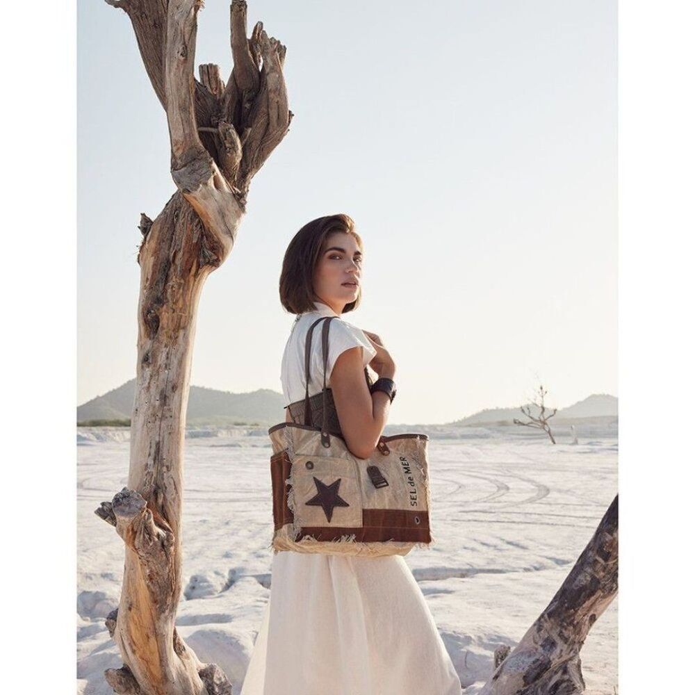 Myra Bag Handmade Spur Tote Bag Upcycled Canvas & Cowhide Leather